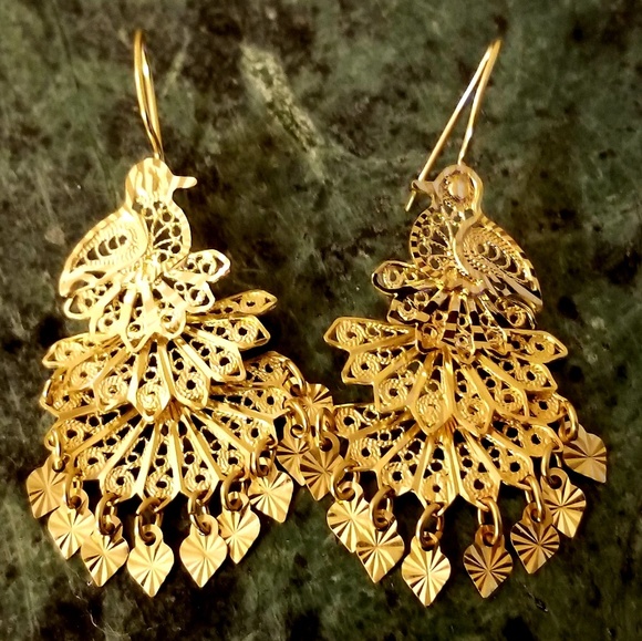 Jewelry - Filigree Peacock Pierced Earrings 18K Gold